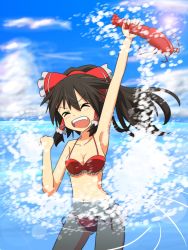 Rule 34 | 1girl, armpits, bikini, black hair, bow, breasts, cato (monocatienus), cleavage, clenched hand, cloud, collarbone, day, closed eyes, fang, female focus, hair bow, hair tubes, hakurei reimu, highres, lobster, medium breasts, navel, open mouth, red bikini, side-tie bikini bottom, sky, solo, splashing, swimsuit, touhou, wading, water