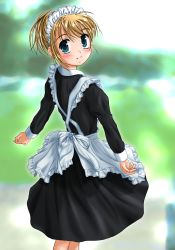 Rule 34 | 1girl, blue eyes, highres, looking back, maid, original, shiukichi, short hair, simple background, solo