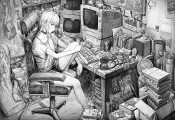 Rule 34 | 1girl, absurdres, bikini, black choker, blush, book, book stack, bottle, can, chair, choker, clock, closed mouth, commentary request, computer, dakimakura (object), figure, full body, greyscale, headphones, heart, highres, justice (band), keyboard (computer), lamp, long hair, looking at viewer, monochrome, new order (band), office chair, original, pen, pillow, pliers, poster (object), profile, riri shushu no subete, school swimsuit, shirt, short sleeves, shorts, sitting, solo, star (symbol), sticky note, subfiction, swimsuit, swivel chair, tissue box, trash can, water bottle