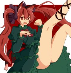 Rule 34 | 1girl, animal ears, bad id, bad pixiv id, bow, cat ears, cat girl, cat tail, dress, female focus, green dress, hair bow, kaenbyou rin, kuromari (runia), legs up, long hair, long twintails, multiple tails, no panties, open mouth, red eyes, red hair, ribbon, smile, solo, tail, touhou, twintails
