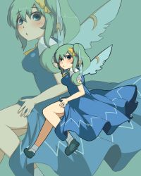Rule 34 | 1girl, blush, bow, daiyousei, dress, fairy wings, green eyes, green hair, hair bow, matching hair/eyes, open mouth, side ponytail, solo, touhou, wings, wino, winu (hertrion)