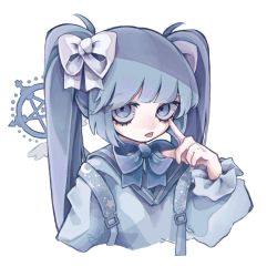 Rule 34 | 1girl, backpack, bag, blue bow, blue eyes, bow, cropped torso, expressionless, finger to eye, grey background, hair bow, hand on own face, hand up, highres, long hair, long sleeves, looking at viewer, original, simple background, solo, tira 27, tongue, tongue out, twintails, white bow
