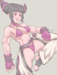 Rule 34 | 1girl, abs, asdfcobi, bare shoulders, bikini, black hair, bracelet, breasts, cameltoe, chaps, cleft of venus, collarbone, fingerless gloves, gloves, grey background, han juri, highres, jewelry, medium breasts, muscular, muscular female, navel, pink eyes, short hair, short twintails, simple background, smile, solo, spiked bracelet, spikes, standing, standing on one leg, street fighter, swimsuit, teeth, toes, tongue, tongue out, twintails, upper teeth only