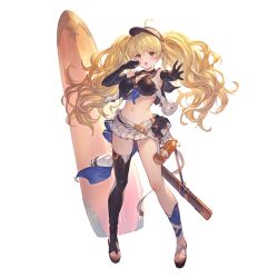 Rule 34 | 1girl, ahoge, bikini, black bikini, black gloves, black thighhighs, blonde hair, blush, breasts, brown eyes, cleavage, elbow gloves, full body, gloves, granblue fantasy, holding, holding whistle, large breasts, long hair, looking at viewer, minaba hideo, monika weisswind, navel, official art, open mouth, pleated skirt, sailor collar, single thighhigh, skirt, solo, standing, surfboard, swimsuit, tachi-e, thighhighs, transparent background, twintails, visor cap, wavy hair, whistle, whistle around neck, white skirt