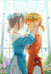 Rule 34 | 2girls, ahoge, alternate hairstyle, blue bow, blue dress, blue eyes, blue flower, blue ribbon, bow, bracelet, braid, closed eyes, commentary request, dress, face-to-face, flower, from side, fukutarou (enji127), grey hair, hair ribbon, hands on another&#039;s head, head wreath, highres, holding, holding flower, jewelry, long sleeves, looking at another, love live!, love live! school idol festival, love live! sunshine!!, multiple girls, necklace, orange hair, petals, pink flower, ponytail, purple flower, red dress, red ribbon, ribbon, sash, sidelocks, smile, takami chika, watanabe you, white flower, white ribbon, window, yellow flower, yuri