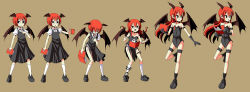 Rule 34 | &gt;:), &gt;:o, 1girl, :o, alternate costume, alternate hair length, alternate hairstyle, armband, bat wings, bespectacled, black dress, blouse, book, boots, collarbone, collared shirt, dress, dress shirt, floating, floating object, full body, glasses, head wings, highres, holding, holding book, kneehighs, koakuma, legband, leotard, loafers, looking at viewer, looking down, multiple views, open book, puffy short sleeves, puffy sleeves, red eyes, red hair, sequential, shirt, shoes, short hair, short sleeves, simple background, sixten, smile, socks, spell card, standing, standing on one leg, tan background, thigh strap, thighhighs, torn clothes, touhou, transformation, v-shaped eyebrows, white shirt, wings, zettai ryouiki