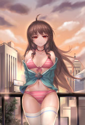 Rule 34 | 1girl, absurdres, against railing, ahoge, aqua jacket, arms behind back, bare shoulders, bikini, black choker, blush, breasts, brown hair, building, choker, city, closed mouth, cloud, collarbone, commission, cowboy shot, evening, front-tie bikini top, front-tie top, highres, jacket, kie (wylee2212), lily bloomerchen, long hair, navel, off shoulder, open clothes, open jacket, orange sky, outdoors, pink bikini, pink ribbon, railing, red eyes, ribbon, ringlets, sky, small breasts, solo, soulworker, stomach, striped bikini, striped clothes, swimsuit, thigh gap, thighhighs, very long hair, white thighhighs