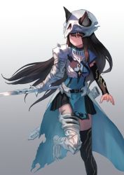 Rule 34 | 1girl, armor, armored dress, belt, black skirt, black thighhighs, blue dress, brown eyes, brown hair, closed mouth, commentary request, copyright request, dress, ears through headwear, gorget, gradient background, grey background, holding, holding sword, holding weapon, long hair, looking to the side, pelvic curtain, pleated skirt, scabbard, sheath, skirt, skull, smile, solo, standing, standing on one leg, sword, thighhighs, wasabi60, weapon