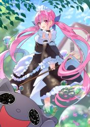 Rule 34 | 1girl, :d, blue hair, blue ribbon, blue sky, blunt bangs, broom, bubble, colored inner hair, commentary request, drill hair, from behind, hair ribbon, highres, holding, holding broom, hololive, long hair, looking at viewer, looking back, maid headdress, minato aqua, multicolored hair, neko (minato aqua), open mouth, outdoors, purple eyes, purple hair, ribbon, sidelocks, sky, smile, streaked hair, twin drills, twintails, two-tone hair, very long hair, virtual youtuber, yoshioka pochi