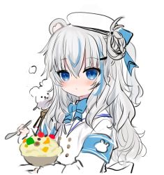 Rule 34 | 1girl, animal ears, armband, bear ears, beret, blue bow, blue eyes, blue hair, blush, bow, closed mouth, commentary request, food, grey hair, hair between eyes, hair rings, hat, highres, holding, holding spoon, jacket, long hair, long sleeves, looking at viewer, multicolored hair, original, shiodome oji, simple background, solo, spoon, streaked hair, upper body, very long hair, white background, white hat, white jacket