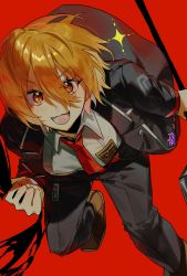 Rule 34 | 1girl, black jacket, breasts, don quixote (project moon), formal, full body, highres, holding, holding weapon, jacket, limbus company, lobpoint 72, necktie, open mouth, orange hair, pants, project moon, red background, red necktie, shirt, short hair, weapon, white shirt