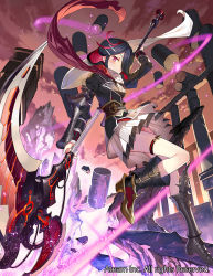 Rule 34 | 1girl, black footwear, black hair, blazer, blush, boots, closed mouth, enpera, gaou (umaiyo puyoman), gauntlets, hair over one eye, holding, holding weapon, jacket, long sleeves, looking at viewer, mia (valkyrie connect), multicolored hair, official art, outdoors, pink eyes, pink hair, pleated skirt, scarf, school uniform, scythe, skirt, solo, streaked hair, two-tone hair, valkyrie connect, watermark, weapon, white scarf, white skirt