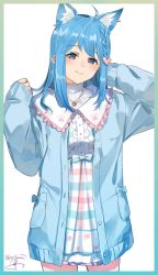 Rule 34 | 1girl, ahoge, animal ear fluff, animal ears, animare, bell, blue eyes, blue hair, blue jacket, blush, border, braid, closed mouth, commentary, cowboy shot, dog ears, dress, ear piercing, green border, hair ornament, hands up, head tilt, heart, heart hair ornament, highres, isshiki (ffmania7), jacket, jingle bell, long sleeves, nanashi inc., open clothes, open jacket, original, paw print, paw print pattern, piercing, plaid, plaid dress, pocket, puffy long sleeves, puffy sleeves, ribbed shirt, shirt, signature, simple background, sleeves past wrists, smile, solo, souya ichika, souya ichika (3rd costume), symbol-only commentary, twitter username, virtual youtuber, white background, white dress, white shirt