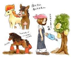 Rule 34 | 1girl, arm at side, bandana, berry (pokemon), blush, boots, brown footwear, brown hair, closed mouth, commentary request, creatures (company), game freak, gen 1 pokemon, gen 2 pokemon, gen 7 pokemon, looking down, matsuri (matsuike), mudbray, mudsdale, nintendo, overalls, phanpy, pink bandana, pokemon, pokemon (creature), ponyta, short sleeves, sitrus berry, smile, standing, translation request, tree, watering, watering can
