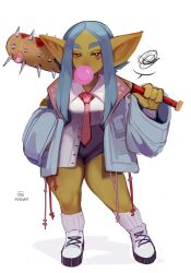 Rule 34 | 1girl, absurdres, artist name, black shorts, blue hair, blue jacket, brown eyes, blowing bubbles, chewing gum, club, club (weapon), colored skin, commentary, contrapposto, drawstring, female goblin, full body, goblin, green skin, hand in pocket, highres, jacket, large ears, legs apart, long hair, long sleeves, looking at viewer, maewix (artist), necktie, open clothes, open jacket, original, over shoulder, parted bangs, photo-referenced, pointy ears, red necktie, rissma (maewix), shirt, shirt partially tucked in, short shorts, shorts, simple background, solo, spiked club, squiggle, standing, symbol-only commentary, thick eyebrows, weapon, weapon over shoulder, white background, white shirt, wide sleeves