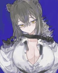 Rule 34 | 1girl, absurdres, animal ears, arknights, blue background, breasts, brown eyes, cleavage, freckles, grey hair, highres, holding, holding knife, knife, large breasts, long hair, partially unbuttoned, polka dot, polka dot shirt, raccoon ears, robin (arknights), rocb, shirt