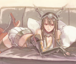 Rule 34 | 10s, 1girl, bad id, bad pixiv id, black hair, boots, breasts, cleavage, couch, edo pain, elbow gloves, eyelashes, fingerless gloves, gloves, head rest, headgear, kantai collection, large breasts, long hair, looking at viewer, lying, midriff, miniskirt, nagato (kancolle), on stomach, parted lips, pillow, pleated skirt, red eyes, skirt, solo, thighhighs, zettai ryouiki