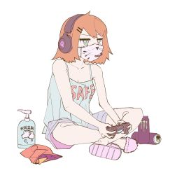 Rule 34 | 1girl, can, clothes writing, collarbone, controller, coronavirus pandemic, dualshock, facial mark, flat color, game controller, gamepad, green eyes, hair between eyes, hair ornament, hairclip, hand soap, headphones, highres, holding, holding controller, holding game controller, mask, monster energy, mouth mask, orange hair, original, playstation controller, short hair, shorts, simple background, sitting, slippers, soap, solo, vinne, whisker markings, white background