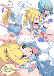 Rule 34 | 2girls, blonde hair, blue hair, blunt bangs, braid, chris (mario), creatures (company), freckles, game freak, green eyes, hairband, high ponytail, highres, lana (pokemon), lillie (pokemon), long hair, multiple girls, nintendo, no sclera, one-piece swimsuit, pokemon, pokemon sm, short hair, swimsuit, swimsuit under clothes, translation request, twin braids, yellow hairband