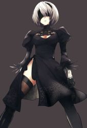 Rule 34 | 1girl, 2b (nier:automata), black background, black thighhighs, boots, breasts, cleavage, cleavage cutout, clothing cutout, covered eyes, dress, eyepatch, gloves, gradient background, grey background, highres, looking at viewer, nier:automata, nier (series), rdc7229, simple background, skindentation, skirt, solo, standing, thighhighs, thighhighs under boots, turtleneck, turtleneck dress, white hair