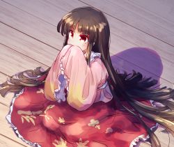 Rule 34 | 1girl, black hair, covered mouth, full body, hime cut, houraisan kaguya, isu (is88), japanese clothes, kimono, long hair, long sleeves, own hands together, pink kimono, red eyes, red skirt, sitting, skirt, sleeves past fingers, sleeves past wrists, solo, touhou, very long hair, wide sleeves