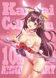 Rule 34 | 1girl, adapted costume, animal ears, anniversary, bow, commentary request, copyright name, cowboy shot, detached collar, fake animal ears, gradient leotard, hair bow, japanese clothes, kamikaze (kancolle), kantai collection, leotard, long hair, moke ro, pink leotard, playboy bunny, purple eyes, purple hair, rabbit ears, rabbit tail, smile, solo, strapless, strapless leotard, tail, twitter username, wide sleeves, yellow bow