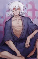 Rule 34 | 1boy, bars, blue kimono, commentary request, grin, hair between eyes, highres, japanese clothes, kimono, looking at viewer, male focus, medium hair, poisonsugar000, red eyes, sitting, smile, solo, spread legs, tohno shiki (2), tsukihime, white hair, wide sleeves