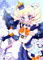 Rule 34 | 10s, 1girl, aikatsu!, aikatsu! (series), argyle, bell, bell earrings, bird wings, blonde hair, crown, dress, drill hair, earrings, flower, glasses, gloves, gothic lolita, green eyes, highres, idol, jewelry, lolita fashion, long hair, looking at viewer, naju soreiyu, puffy sleeves, ribbon, rose, simple background, sitting, smile, solo, todo yurika, twin drills, twintails, white background, wings