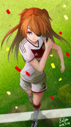 Rule 34 | 1girl, 2014, 2014 fifa world cup, adidas, clothes writing, confetti, dated, eyepatch, from above, full body, germany, highres, interface headset, long hair, neon genesis evangelion, orange hair, parody, rebuild of evangelion, signature, smile, soccer, soccer field, soccer uniform, solo, souryuu asuka langley, sportswear, wei ji, world cup