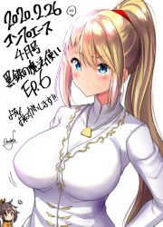 Rule 34 | 2girls, black hair, blonde hair, blue eyes, blush, breasts, brown eyes, chibi, closed mouth, commentary request, copyright request, covered collarbone, dated, hair between eyes, high ponytail, highres, jacket, large breasts, long hair, looking away, mokufuu, multiple girls, orange jacket, ponytail, shirt, sidelocks, signature, simple background, solo focus, spoken blush, translation request, very long hair, white background, white jacket, white shirt