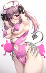 Rule 34 | 1girl, absurdres, areola slip, armpits, arms behind head, bare shoulders, blush, bone, breast curtains, breasts, demon girl, demon horns, demon tail, elbow gloves, gloves, hair between eyes, halo, highleg, highres, horns, large breasts, lomocya, long hair, looking at viewer, navel, open mouth, original, pubic tattoo, purple eyes, purple hair, revealing clothes, shoulder tattoo, sidelocks, solo, tail, tattoo, thighs, twintails, underboob