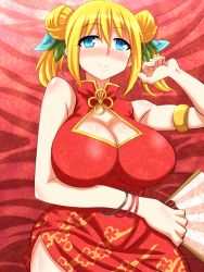 Rule 34 | 1girl, aizawa hikaru, aqua eyes, armlet, bare shoulders, blonde hair, blue eyes, blush, bracelet, breasts, china dress, chinese clothes, cleavage, cleavage cutout, clothing cutout, double bun, dress, hand fan, hair ribbon, huge breasts, ishioto, jewelry, large breasts, microsoft, ribbon, side slit, silverlight, smile, solo