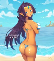 Rule 34 | 1girl, absurdres, akimonmon01, arms under breasts, artist name, ass, back, bare arms, bare legs, beach, bikini, blue eyes, blue sky, breasts, cloud, cloudy sky, cowboy shot, dark-skinned female, dark skin, earrings, female focus, forehead jewel, hair down, highres, hoop earrings, jewelry, large breasts, long hair, looking at viewer, looking back, middle eastern architecture, ocean, open mouth, palm tree, pointy ears, purple hair, sand, shantae, shantae (series), sideboob, signature, sky, smile, solo, standing, striped bikini, striped clothes, swimsuit, thighs, tiara, tree, very long hair, water