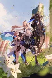 Rule 34 | 2girls, absurdres, armor, bare shoulders, bianka durandal ataegina, bianka durandal ataegina (palatinus equinox), blonde hair, blue eyes, blue sky, breasts, brown hair, cleavage, dress, falling leaves, flower, gloves, grass, high heels, highres, honkai (series), honkai impact 3rd, large breasts, leaf, long hair, looking at another, mechanical horse, multicolored clothes, multicolored dress, multiple girls, official art, outdoors, reins, rita rossweisse, rita rossweisse (spina astera), short hair, sidelocks, sitting, sky, thighhighs, very long hair, white dress, white gloves, white legwear, ylceon
