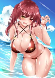 Rule 34 | 1girl, arrow through heart, bare arms, bare legs, bare shoulders, bikini, blue sky, blush, breasts, circussion, cleavage, cloud, collarbone, commentary, contrail, criss-cross halter, day, fang, fingernails, halterneck, heterochromia, highres, hololive, houshou marine, large breasts, long hair, looking at viewer, navel, o-ring, o-ring top, ocean, open mouth, red bikini, red eyes, red hair, skin fang, sky, solo, swimsuit, tongue, twintails, virtual youtuber, water, wet, yellow eyes