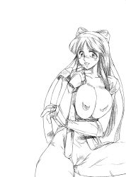 Rule 34 | 1girl, ainu clothes, arm under breasts, breasts, breasts out, cameltoe, cleft of venus, fingerless gloves, gloves, hair ribbon, highres, large breasts, long hair, looking at viewer, monochrome, nakoruru, nipples, open mouth, pants, ribbon, samurai spirits, sitting, smile, snk, solo, tokisaka mugi, weapon