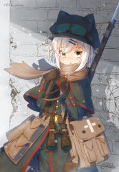 Rule 34 | 1816, 1girl, animal ears, bag, bayonet, binoculars, blush, breath, brick wall, canteen, capelet, carrying over shoulder, cold, coreytaiyo, dated, drinking, first aid kit, gloves, goggles, gun, gun on back, hair ornament, hairclip, hat, highres, jacket, leather bag, long sleeves, military, military jacket, military uniform, original, pouch, rifle, gun on back, scarf, short hair, signature, snowing, soldier, uniform, weapon, weapon on back, white hair, yellow eyes