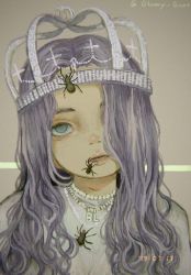 Rule 34 | 1girl, billie eilish, bug, crown, dated, grey eyes, hair over one eye, highres, insect on head, jewelry, kapura, long hair, necklace, portrait, purple hair, real life, shirt, solo, spider, twitter username, white shirt