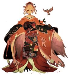 Rule 34 | 084oishi, 1girl, absurdres, bare shoulders, bird, bird girl, bird legs, bright pupils, collarbone, feathered wings, flower, full body, grey hair, hair ornament, hat, highres, horns, japanese clothes, kimono, looking to the side, off shoulder, oni horns, orange kimono, original, print kimono, red eyes, short hair, simple background, smile, solo, tassel, white background, white pupils, wings