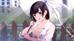 Rule 34 | 1girl, absurdres, beige shirt, black hair, blue eyes, breasts, buttons, chromatic aberration, cleavage, coat, collarbone, commentary request, fence, hands up, highres, holding, holding umbrella, huge filesize, looking at viewer, open mouth, original, outdoors, picket fence, ppchen, rain, short hair, sleeves rolled up, smile, solo, teeth, transparent, transparent umbrella, umbrella, upper body, upper teeth only, white coat, wooden fence