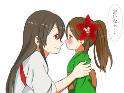 Rule 34 | 10s, 2girls, aged down, akagi (kancolle), amagi (kancolle), bad id, bad pixiv id, blush, brown hair, flower, frown, hair flower, hair ornament, holding another&#039;s arm, japanese clothes, kantai collection, long hair, multiple girls, simple background, smile, staring, tachikoma (mousou teikoku), translation request