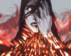 Rule 34 | 1boy, anastasiyacemetery, armor, artist name, black hair, blood, commentary, english commentary, fire, glowing, glowing armor, glowing eyes, hand on own face, holding head, injury, long hair, looking at viewer, male focus, melkor, sharp teeth, shoulder spikes, solo, spikes, teeth, the silmarillion, tolkien&#039;s legendarium, tolkien's legendarium