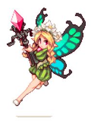 Rule 34 | 1girl, :/, blonde hair, bow (weapon), braid, butterfly wings, closed mouth, crossbow, diamond (shape), facing away, fairy, flower, flying, full body, head wreath, holding, holding bow (weapon), holding crossbow, holding weapon, ichi et, insect wings, long hair, long sleeves, looking away, looking to the side, lowres, mercedes (odin sphere), odin sphere, pointy ears, puffy long sleeves, puffy sleeves, red eyes, slippers, solo, transparent background, twin braids, unitard, weapon, white footwear, wings