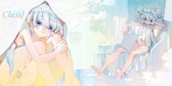 Rule 34 | 2girls, absurdres, angel, angel wings, armchair, bare legs, bare shoulders, barefoot, blue eyes, blush, book, bottomless, breasts, chair, curtains, dress, english text, feathered wings, fountain, full body, grey eyes, head rest, head wreath, highres, hugging own legs, kaede (shijie heping), leg wings, looking at viewer, multiple girls, original, panties, short dress, sitting, sleeveless, small breasts, thigh strap, underwear, veil, water, white dress, white hair, white panties, white wings, wings, wreath