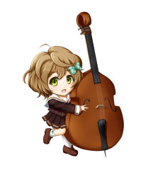 Rule 34 | 1girl, :d, bow, brown footwear, brown hair, brown shirt, brown skirt, chibi, double bass, green bow, green eyes, hair between eyes, hair bow, hibike! euphonium, highres, holding, holding instrument, instrument, kawashima sapphire, kneehighs, kuena, loafers, looking at viewer, miniskirt, open mouth, pleated skirt, polka dot, polka dot bow, sailor collar, school uniform, shirt, shoes, short hair, simple background, skirt, smile, socks, solo, white background, white socks, white sailor collar