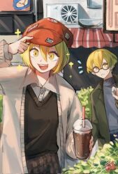 1boy 1girl :3 blonde_hair blue_sweater brown_hat brown_pants brown_sweater_vest bush cabbie_hat cardigan collared_shirt condenser_unit cup don_quixote_(project_moon) green_jacket hat holding holding_cup jacket jimdlonlit limbus_company open_mouth pants parted_lips plaid_clothes plaid_pants project_moon round_eyewear shirt sinclair_(project_moon) smile sparkling_eyes sweat sweater sweater_vest upper_body white_cardigan white_shirt yellow_eyes zwei_association_(identity)_(project_moon)