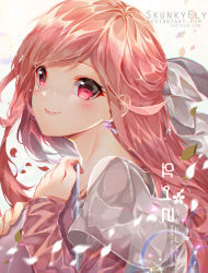 Rule 34 | 1girl, bow, earrings, hair bow, hair ribbon, holding, hug, jewelry, long hair, long sleeves, looking at viewer, looking back, hugging object, pink eyes, pink hair, portrait, ribbon, rin (shelter), shelter (song), short sleeves, skunkyfly, smile, upper body