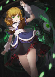 Rule 34 | 1girl, arm up, arm warmers, bare legs, black skirt, blonde hair, green eyes, highres, jacket, legs together, looking at viewer, mikami yuuki (nl8you), mizuhashi parsee, monster, pointy ears, ponytail, scarf, short sleeves, skirt, solo, standing, touhou, white scarf