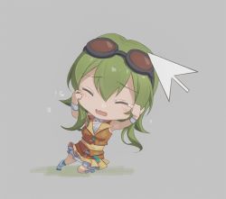 Rule 34 | 1girl, bad id, bad twitter id, belt, boots, chibi, commentary, crying, cursor, dress, frilled skirt, frills, goggles, goggles on head, green hair, grey background, gumi, jacket, knee boots, medium hair, orange jacket, orange skirt, pulling, red goggles, skirt, solo, tears, vocaloid, white footwear, wounds404, wrist cuffs, yellow dress