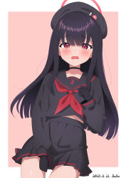 Rule 34 | 1girl, absurdres, beret, black gloves, blue archive, blush, gloves, hat, highres, hime cut, justice task force member (blue archive), long hair, looking at viewer, red eyes, school uniform, serafuku, skirt, solo, thigh gap, white background